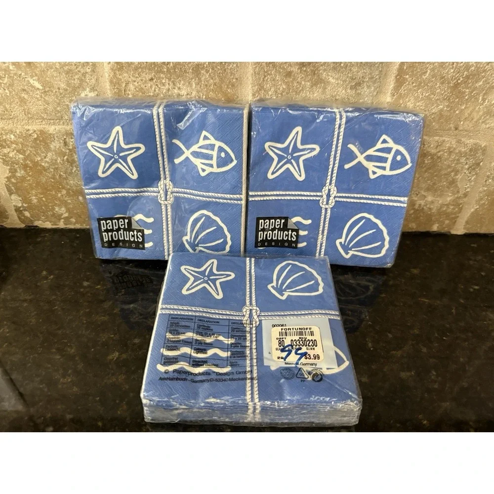 Vintage Blue And White Ocean Coastal Pack Of Three 3 Paper‎ Napkins NOS